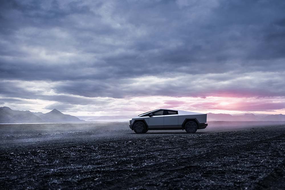 Tesla Cybertruck parked in an open landscape