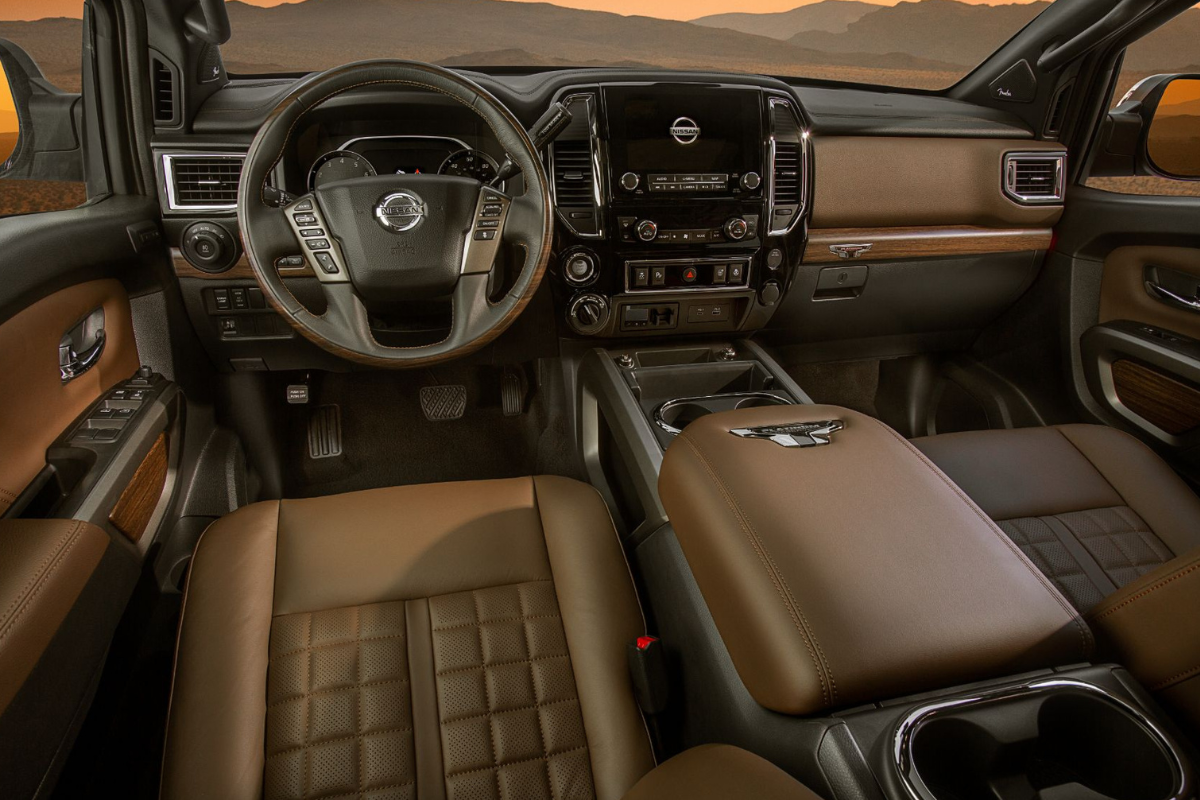 Nissan Titan Platinum Reserve interior with brown trim