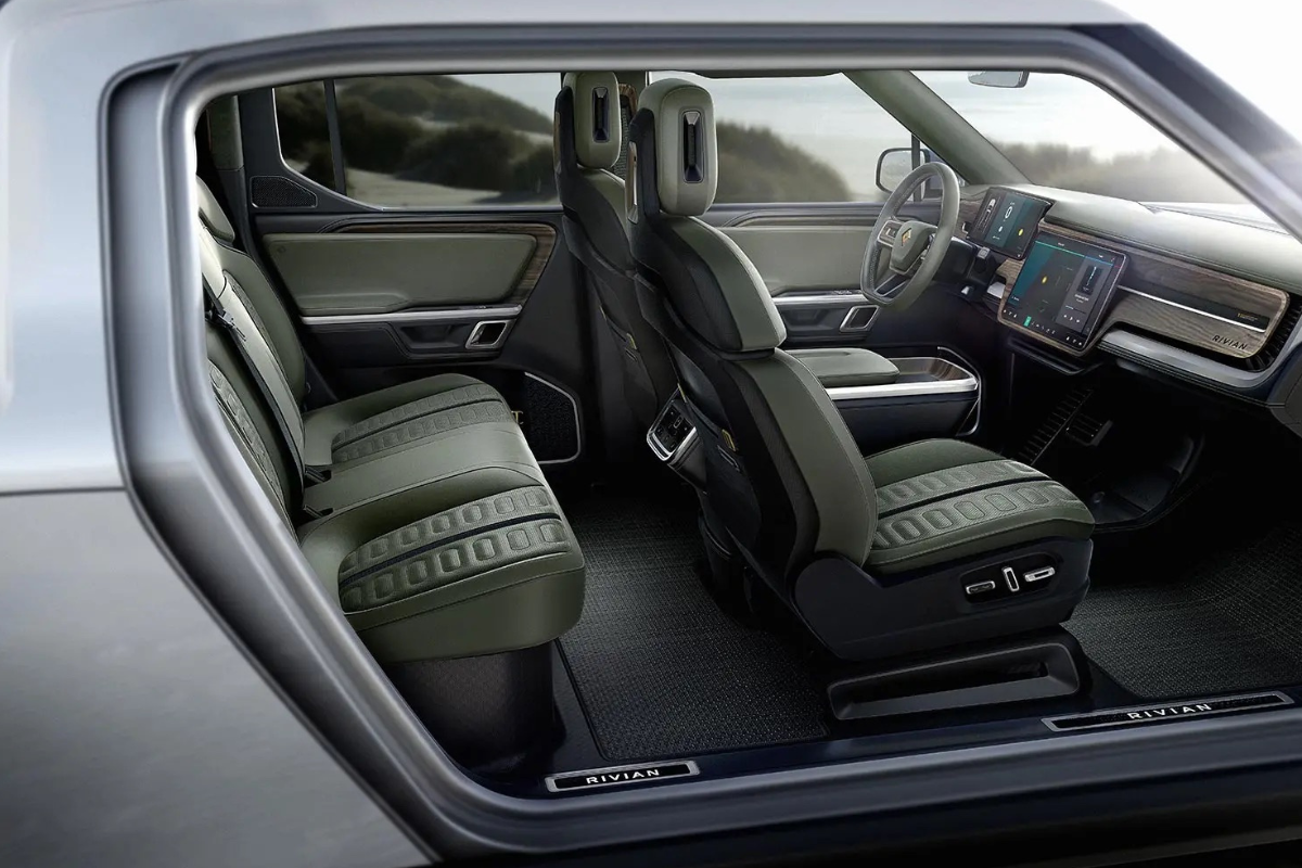 Cut open Rivian R1T showing both the front and the backseats